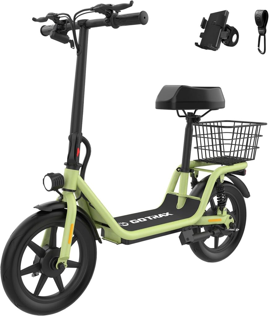 Gotrax FLEX Electric Scooter with Seat for Adult, 16 Miles Range 15.5Mph Power by 400W Motor, 14 Pneumatic TireHeight Adjustable Seat, Foldable Commuter Scooter with Phone Holder, HookCarry Basket