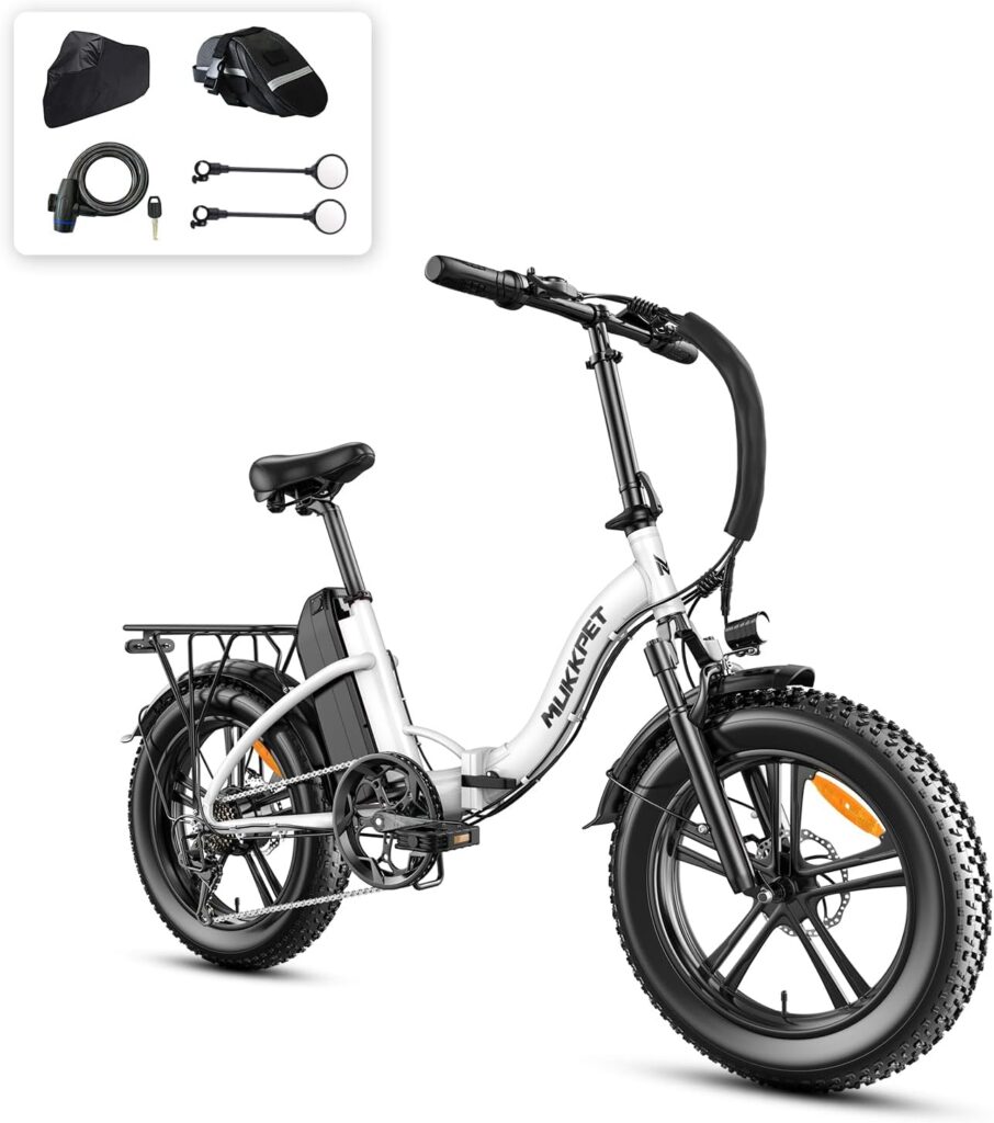 Mukkpet Electric Bike for Adults, Ebike, Foldable 20 x 4.0 Fat Tire Step-Thru Electric Bicycle for Men Women with Peak 750W Motor, 48V 13AH Removable Battery and Dual Shock Absorber