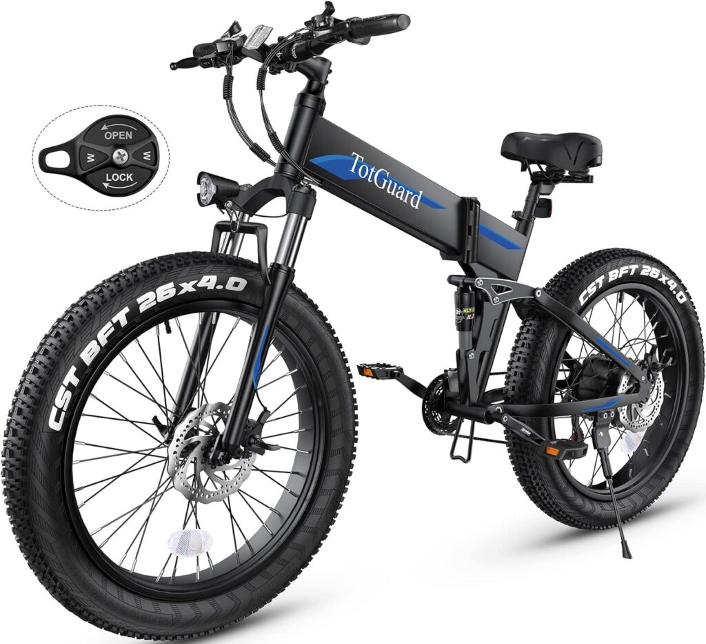 Wooken Electric Bike, 26x4.0 Electric Bicycle 500W 21.6MPH Fat Tire,Folding Electric Bike for Adults with 48V/10Ah Battery, Mountain Bike with Lockable Suspension Fork, Shimano 21 Speed Gears EBike