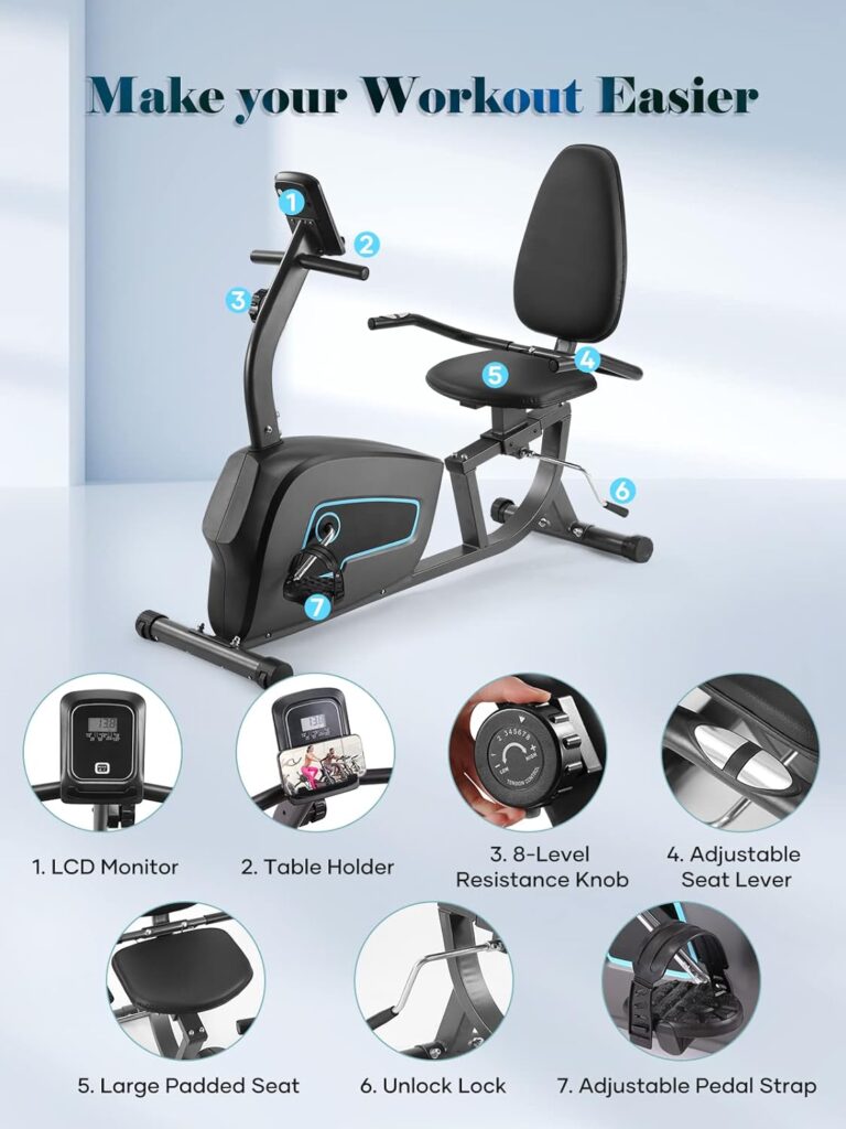 Recumbent Exercise Bike for Home Stationary Bike Sturdy Quiet 8 Levels Exercise Bike Large Comfortable Seat Heart Rate Handle  iPad Holde Recumbent Exercise Bike for Seniors Adult